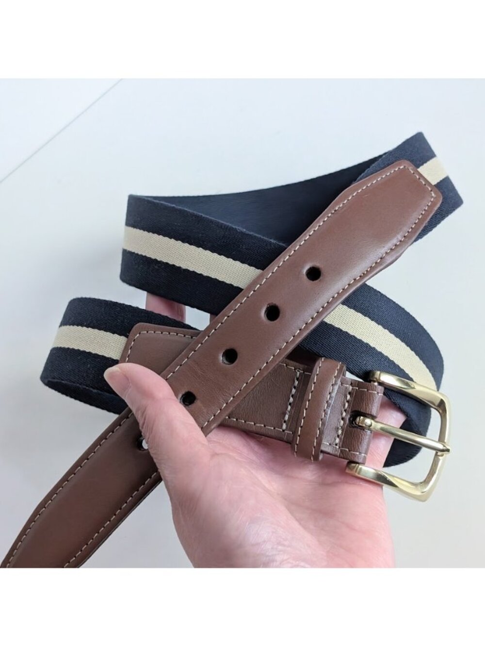 Navy/Camel Torino Leather Co. Mens European Ribbed Striped Surcingle Belt Sz:36